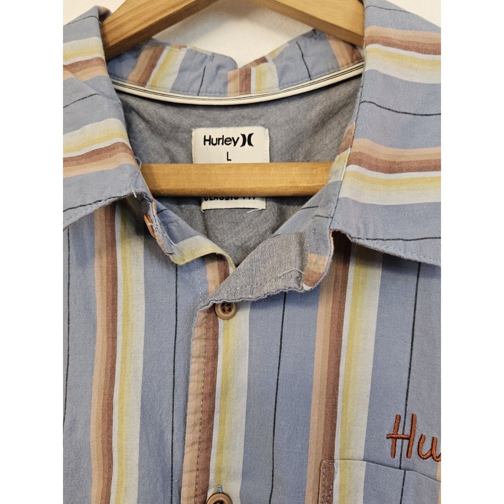 Hurley‎ Classic Bowling Shirt Men's L Short Sleeve Button Down Blue Stripe Logo